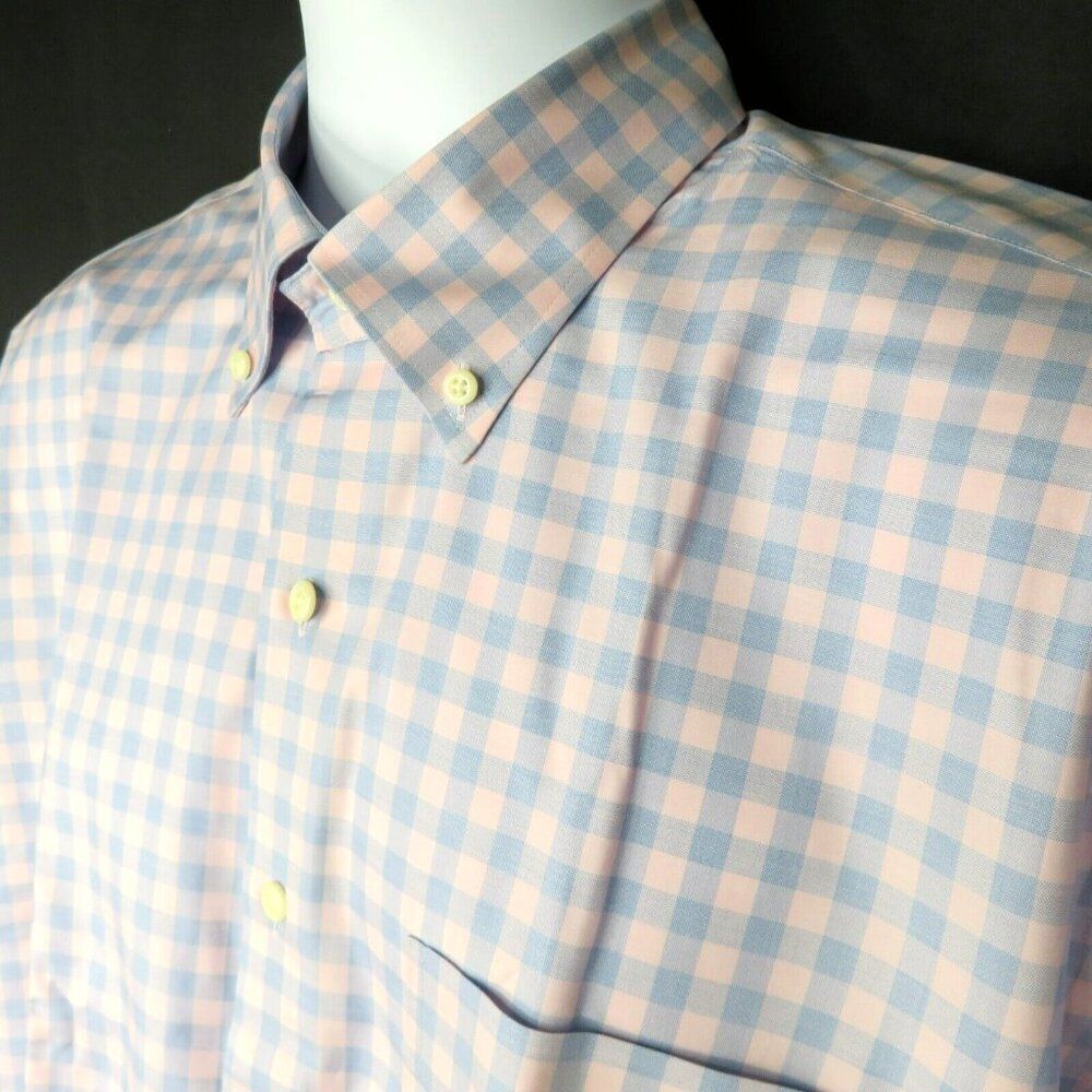 Peter Millar Plaid Shirt Pink Blue Size Large Long Sleeve Cotton Spandex